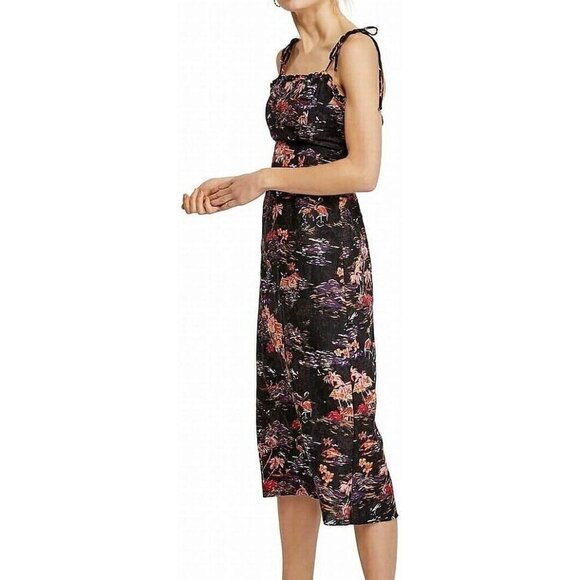 Free People Linen Beach Party Tie Shoulder Midi Dress Size 10 Tropical Printed - Picture 1 of 16